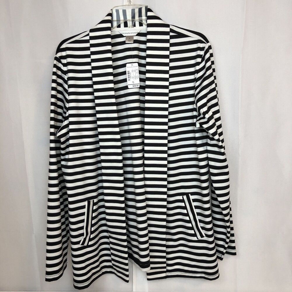 CJ Banks Womens Black White Striped Open Front Blazer Jacket Sz XL Pockets NWT